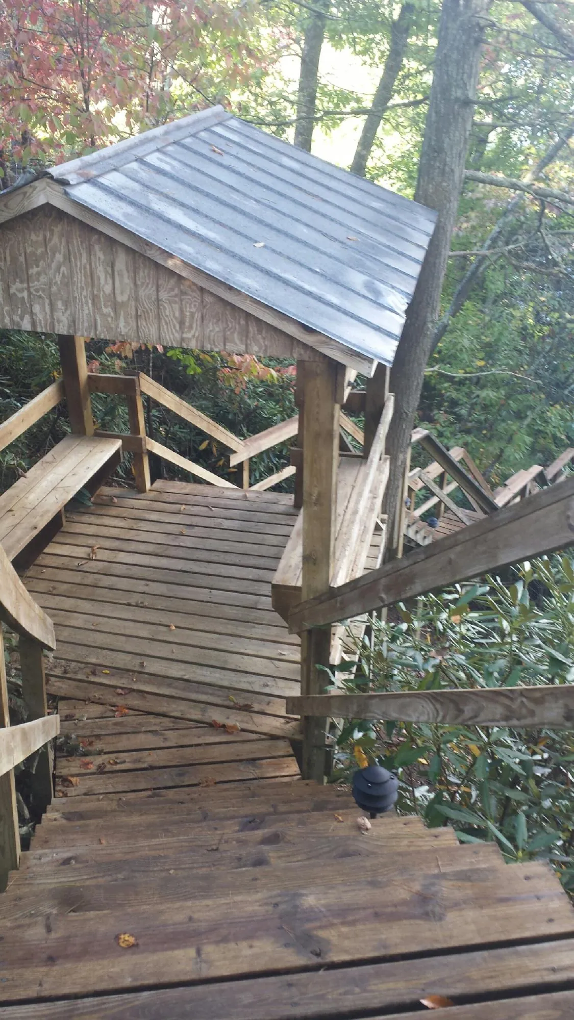 Metal roofed shelter over wooden steps on a wooded walkway — Skylight Repair & Installation work by our crew in Swisshome